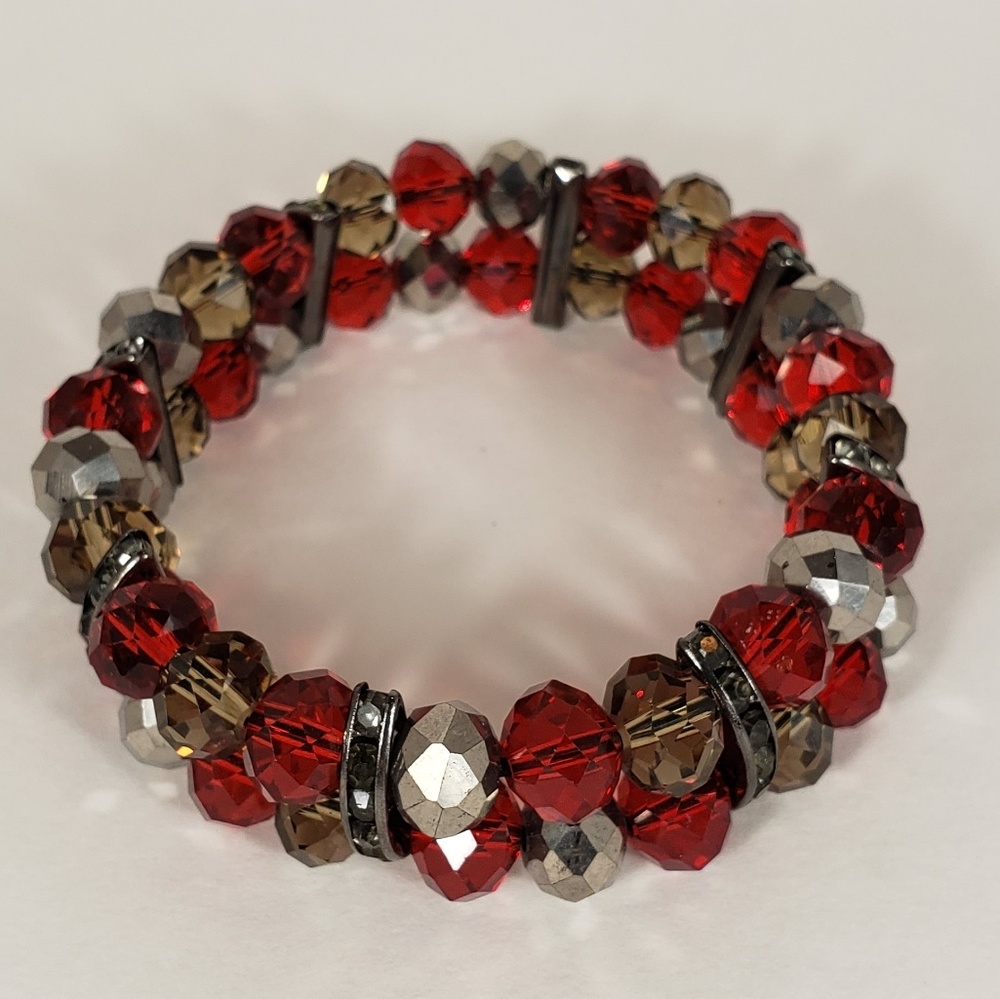 Red Silver Metallic Beaded Stretchy bracelet
